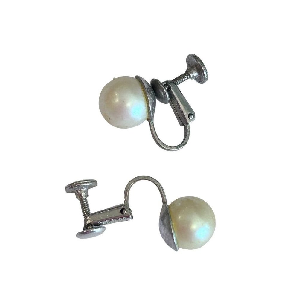 Vintage 1960s Faux Pearl Screwback Non-Pierced Earrings 3/8" Silvertone - Picture 6 of 6